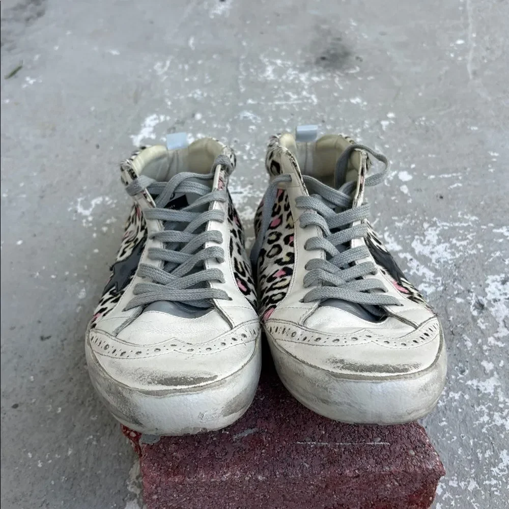 Rare distressed leopard print pony hair golden goose mid star